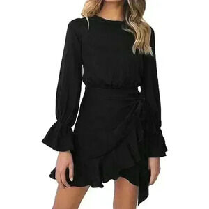 WEEPINLEE Long Sleeve Round Neck Ruffles Wrap Dresses, Size M